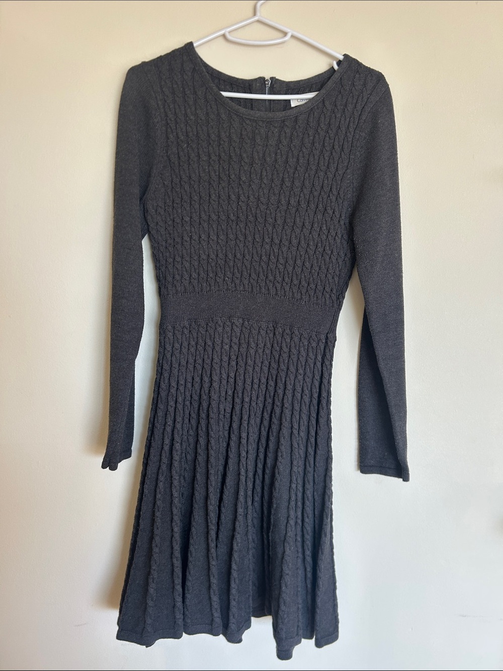 Calvin Klein Long-Sleeve Cable Knit Fit-and-Flare Dress - Charcoal